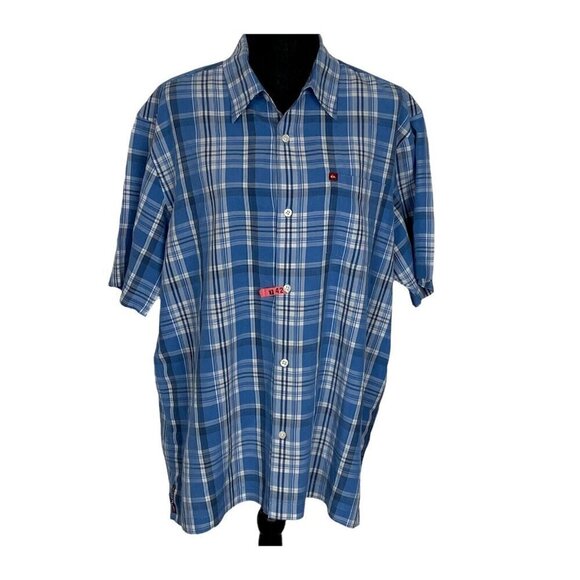 QUIKSILVER Men Button Front Short Sleeve Shirt Plaid Blue White L 52-2 - Picture 1 of 7